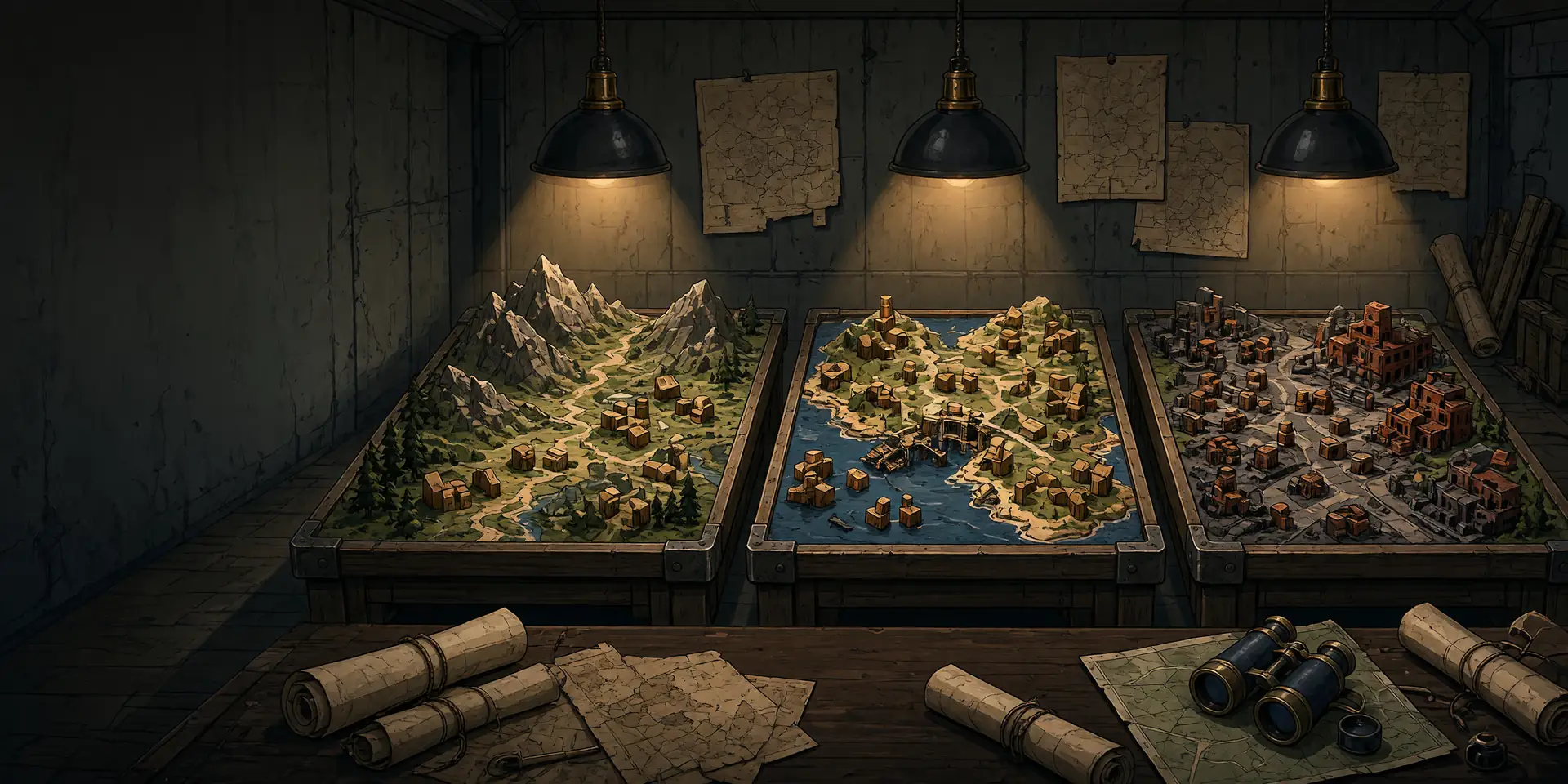 Three terrain map tables in a war room: mountains, a coastline and a ruined city