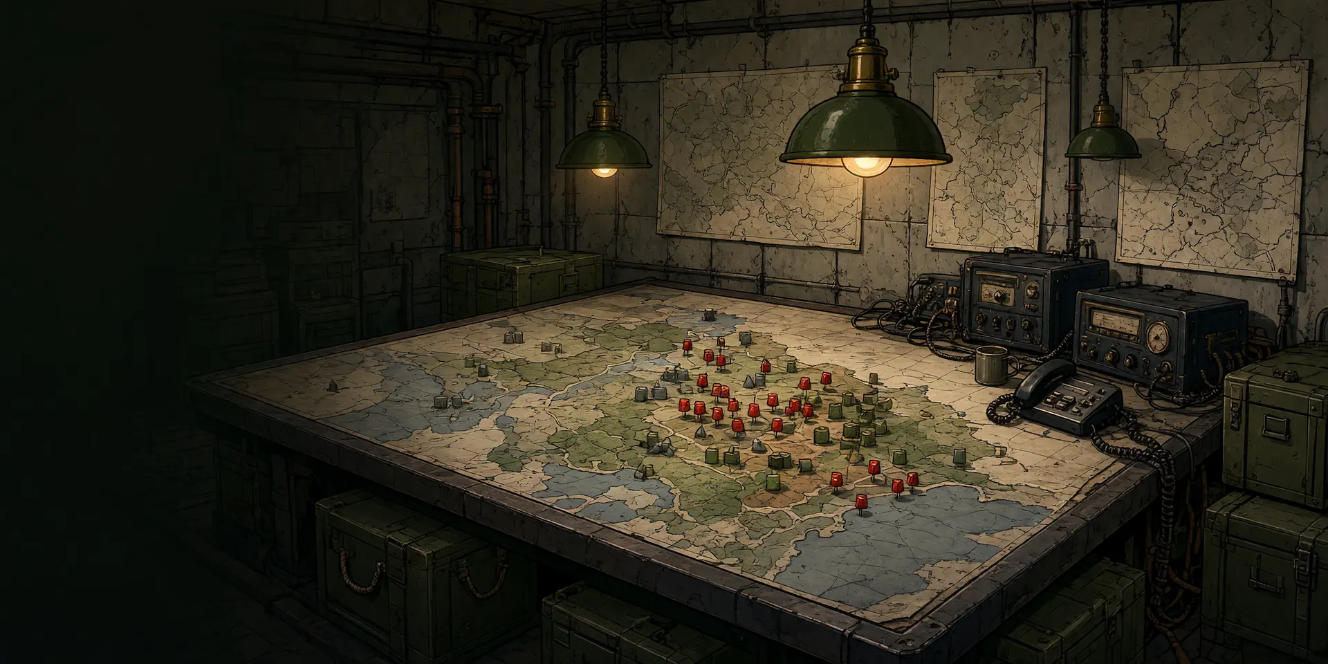 A command bunker map table covered in red and green unit markers under hanging lamps