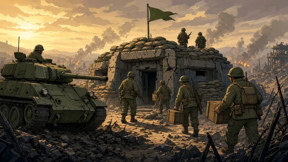 Infantry and a tank taking a bunker after a successful attack