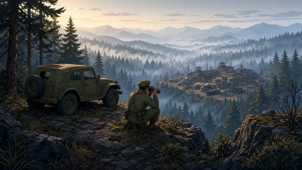 A scout with binoculars watching an enemy camp in a forest valley